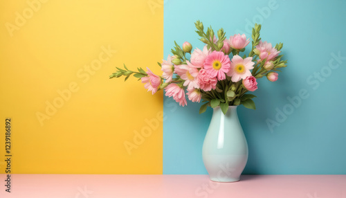 Wallpaper Mural Vibrant spring flower bouquet in vase against yellow and blue background for decorative design Torontodigital.ca