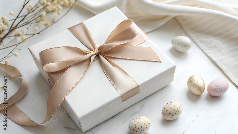 Elegant gift box with satin ribbon bow and pastel Easter eggs on white background Elegant gift box with satin ribbon bow and pastel Easter eggs on white background