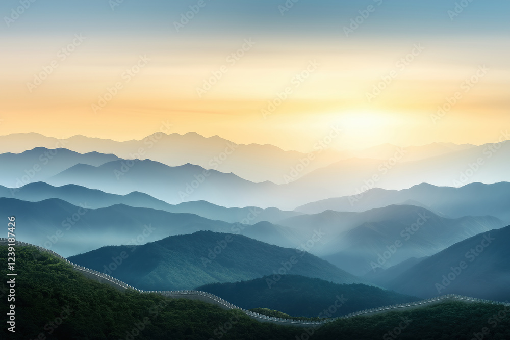 Breathtaking sunrise over the mountains with ancient wall winding through the landscape Breathtaking sunrise over the mountains with ancient wall winding through the landscape