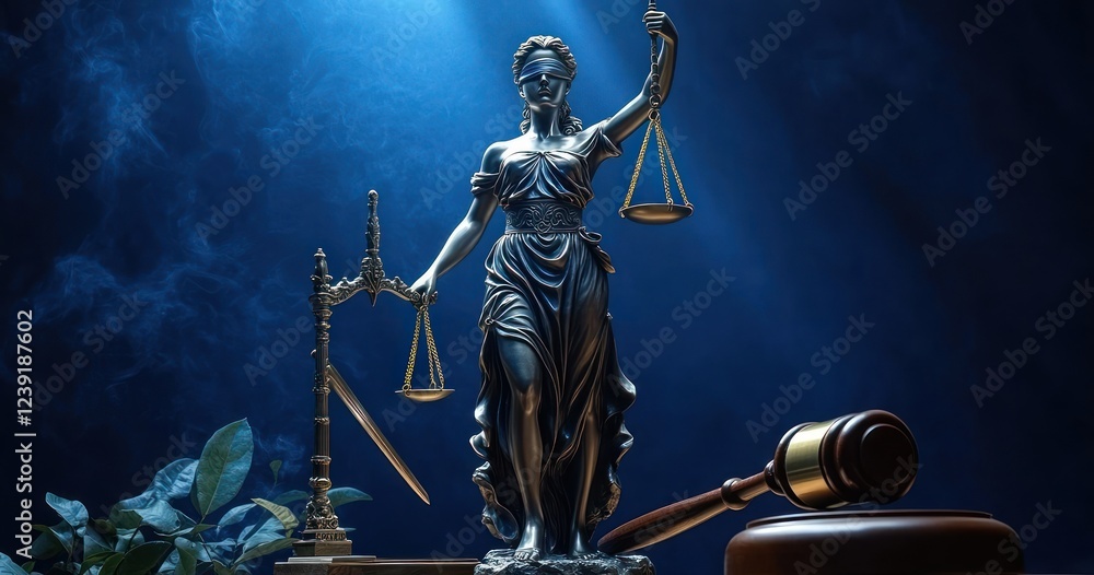 Fototapeta premium Justice Representation: Lady Justice, Gavel, Scales, Law, Order, Court, Judge, Legal System, Equality, Balance, Verdict