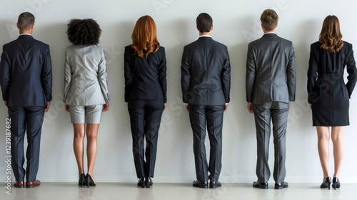 Business people standing against a white wall, showcasing their backs while creating a sense of unity and professionalism in the workplace