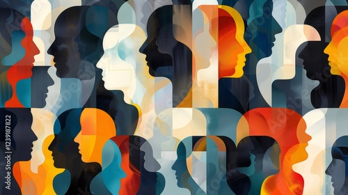 Colorful overlapping silhouettes of people profiles creating an abstract image representing society, community, and diversity