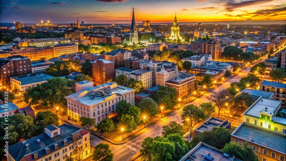 Naklejka premium Savannah Georgia Night Aerial Drone Photography - Panoramic Cityscape of Historic Architecture