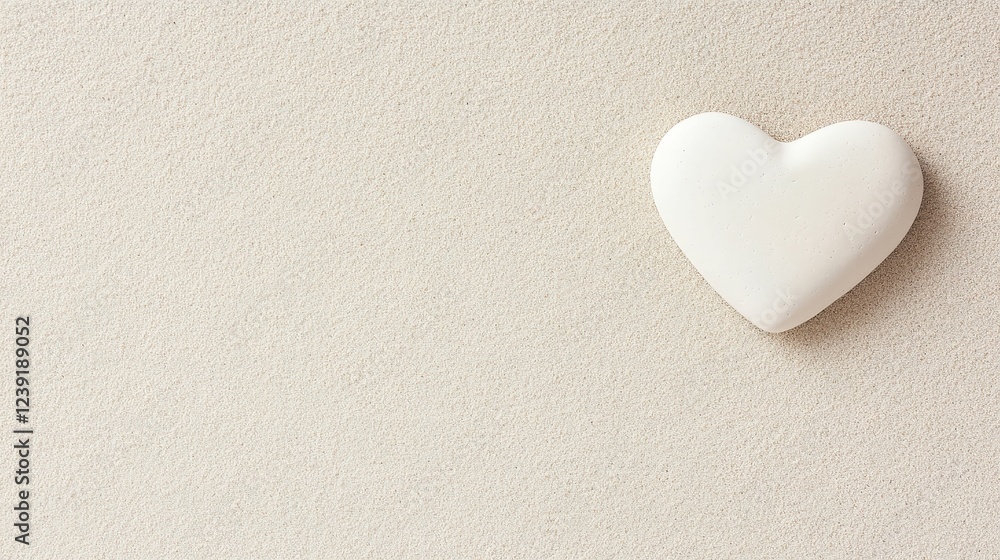 Flat lay of a heart-shaped pebble on sand, romantic and minimalistic beach theme Flat lay of a heart-shaped pebble on sand, romantic and minimalistic beach theme