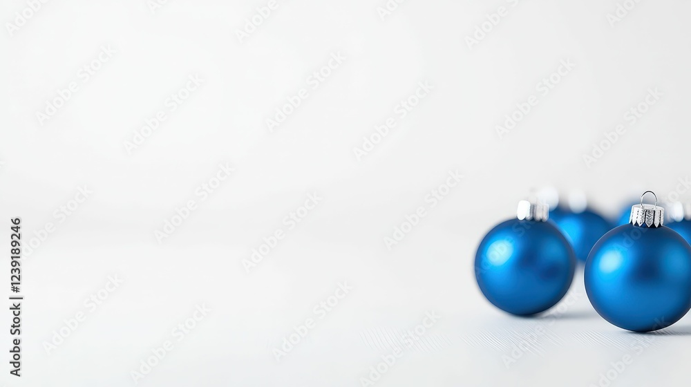 blue ornaments with silver accents arranged on a clean white surface, festive tones, elegant and sharp blue ornaments with silver accents arranged on a clean white surface, festive tones, elegant and sharp