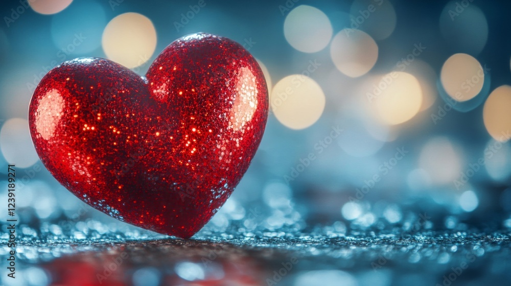 Obraz premium Red Glitter Heart on Dark Blue Background with Bokeh Lights