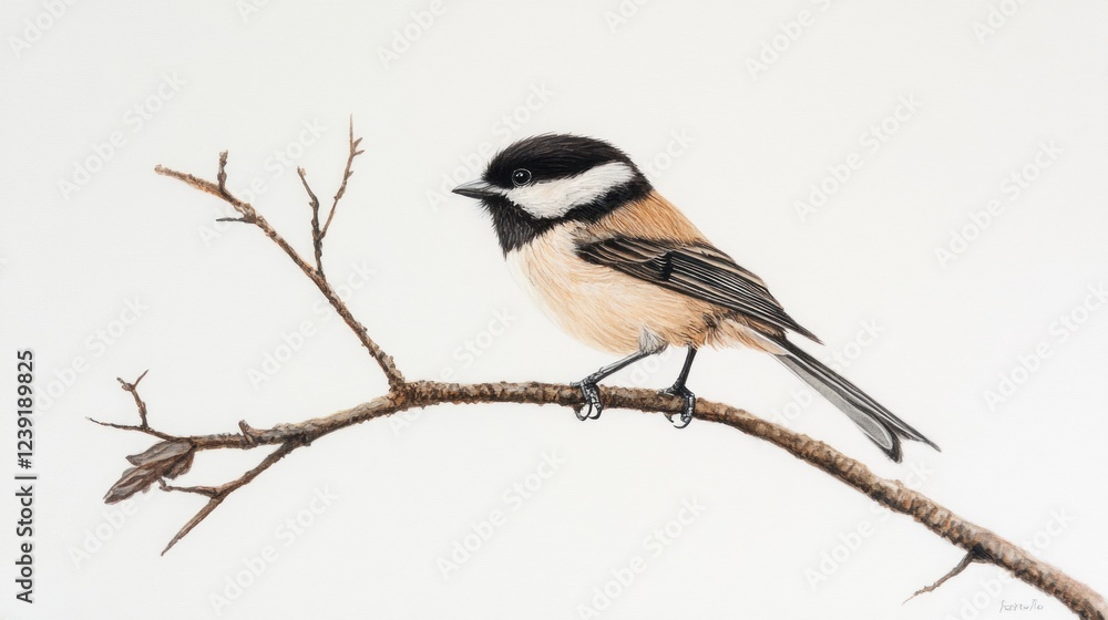Chestnut-backed Chickadee perched on branch, winter scene, nature illustration Chestnut-backed Chickadee perched on branch, winter scene, nature illustration