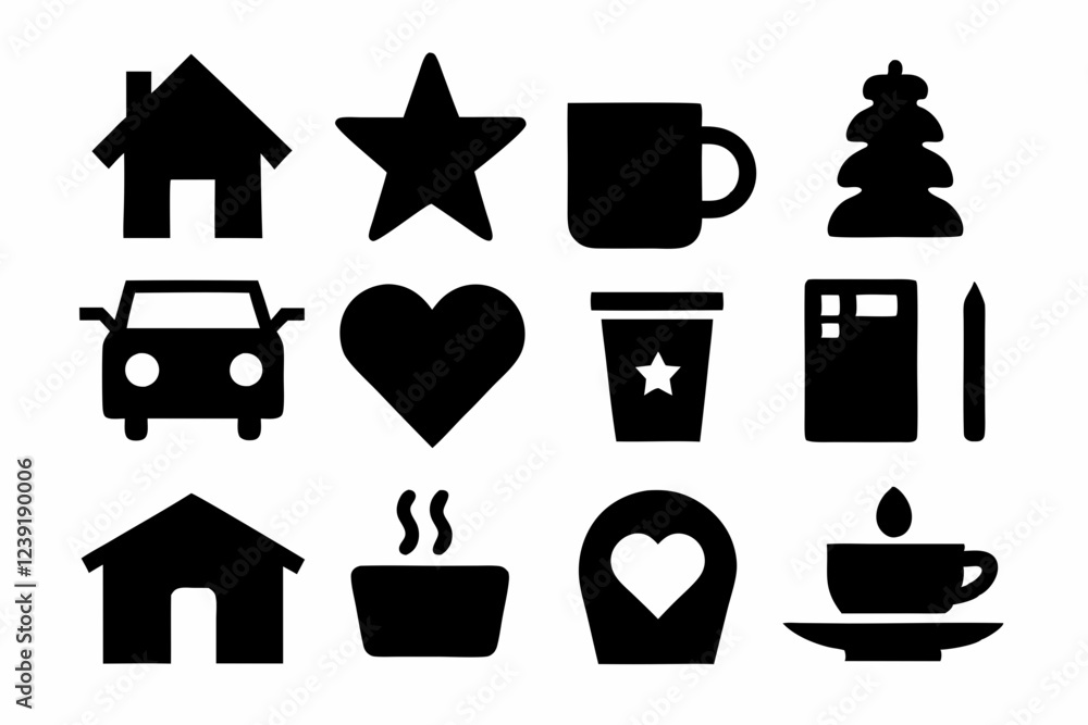 set of house icons, Christmas tree icons, white profile tree icons, cup icon, car icon , coffee icon, cupe icon, vector silhouette illustration set of house icons, Christmas tree icons, white profile tree icons, cup icon, car icon , coffee icon, cupe icon, vector silhouette illustration