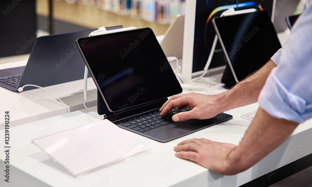 custom made wallpaper toronto digitalA user interacts with a tablet in a tech store displaying various electronic products