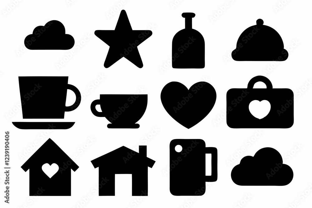 set of house icons, Christmas tree icons, white profile tree icons, cup icon, car icon , coffee icon, cupe icon, vector silhouette illustration set of house icons, Christmas tree icons, white profile tree icons, cup icon, car icon , coffee icon, cupe icon, vector silhouette illustration