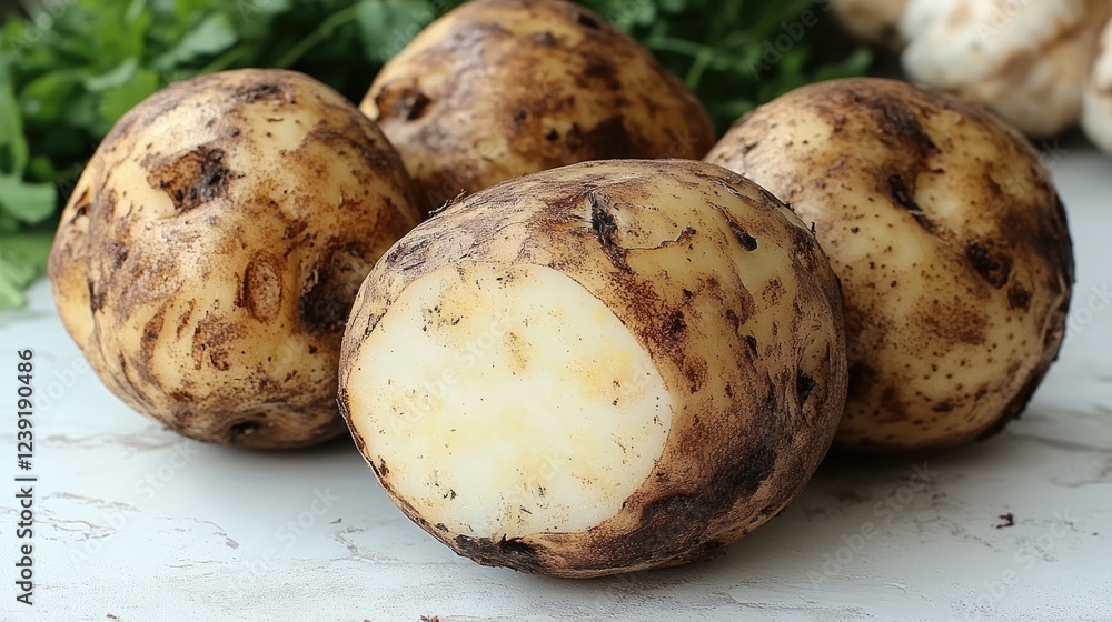 A single, light yellow potato with an irregular, A single, light yellow potato with an irregular,