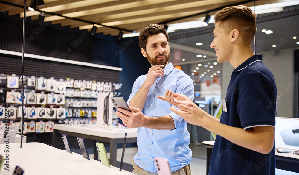Αυτοκόλλητο A friendly interaction occurs between a salesperson and a customer in a smartpho