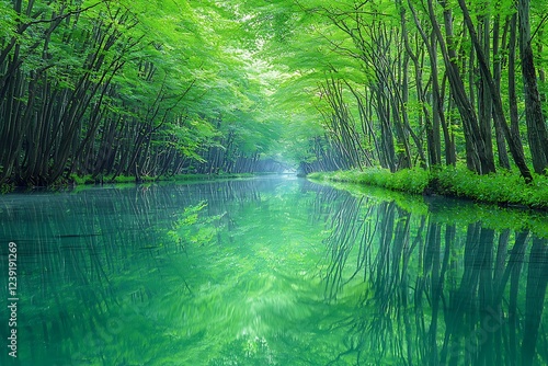 A scenic view a river meandering through a lush green canyon with birds flying overhead