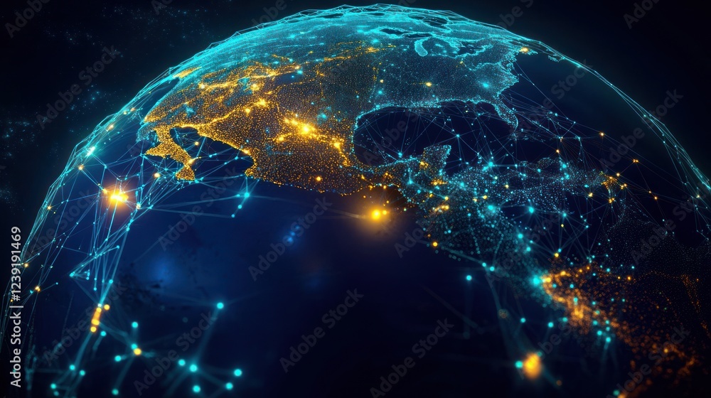 Fototapeta premium Cyberpunk South America Globe with Network Connections and Digital Data