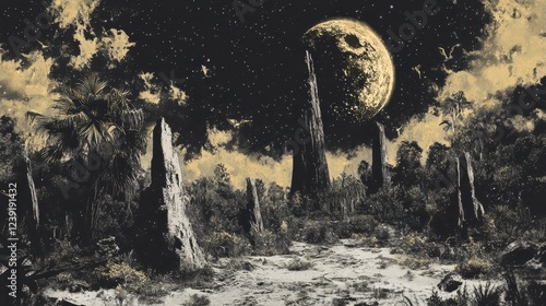 Nocturnal Tropical Landscape With Giant Stone Pillars And A Large Moon