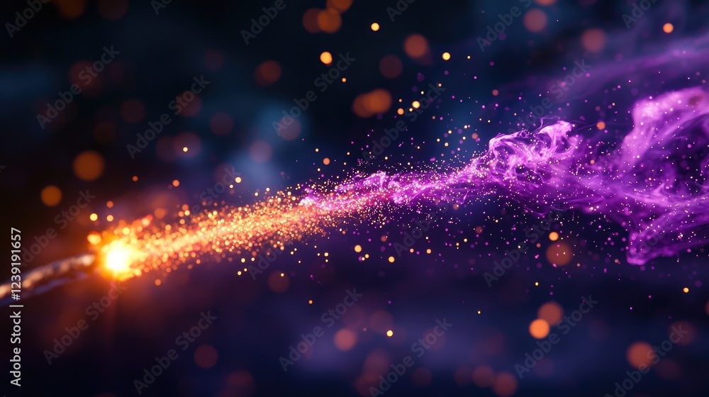 Fototapeta premium Purple and Orange Sparkles Floating Through Dark Space Background