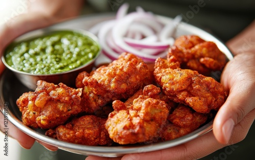A close-up of freshly fried glowing pakoras served on a plate with green chutney and sliced onions. The crispy golden crust of the pakoras is highlighted in intricate detail 