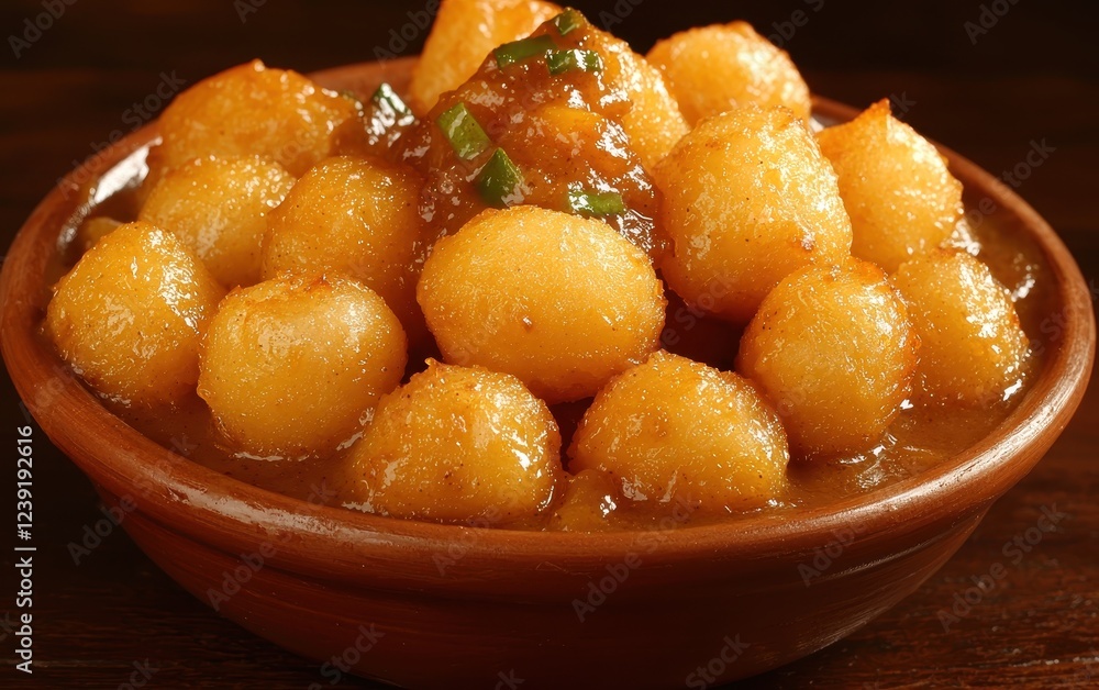A close-up of freshly prepared glowing poori, with its golden puffed surface glistening under the light, served with a bowl of halwa and spicy potato curry. The contrast between soft halwa and A close-up of freshly prepared glowing poori, with its golden puffed surface glistening under the light, served with a bowl of halwa and spicy potato curry. The contrast between soft halwa and