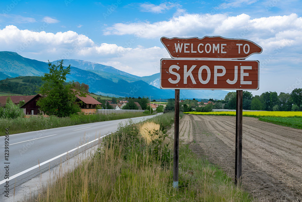 Welcome to Skopje – Wooden Road Sign, North Macedonia Welcome to Skopje – Wooden Road Sign, North Macedonia