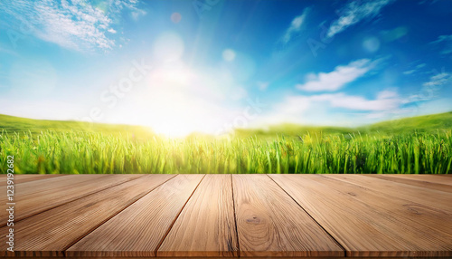 timber table pinnacle product display with a clean sunny easter history of blue sky and heat bokeh with green grass meadow foreground
