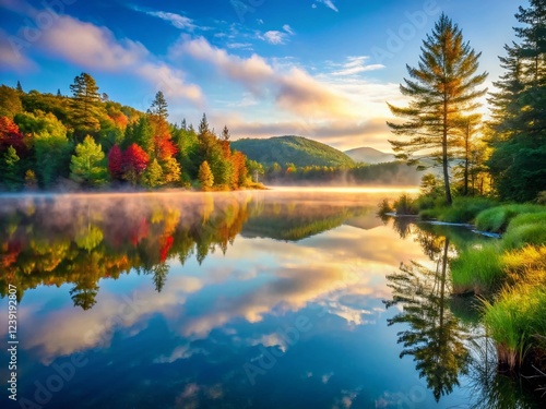 Serene Adirondack Lake Sunrise: Breathtaking New York State Dawn