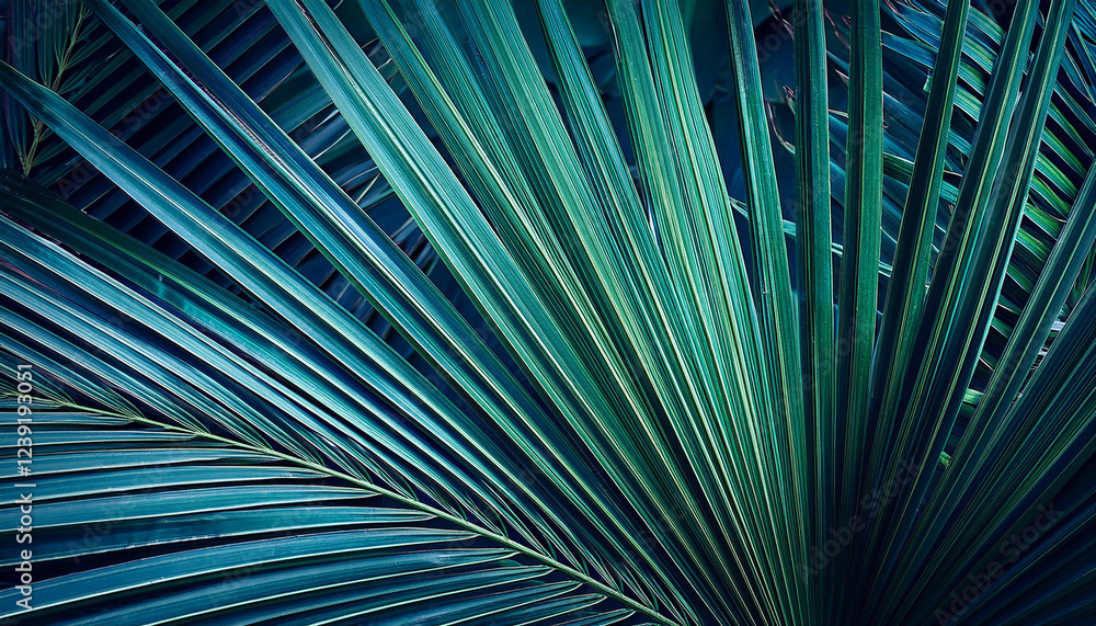 Obraz premium abstract palm leaf textures on darkish blue tone natural green history