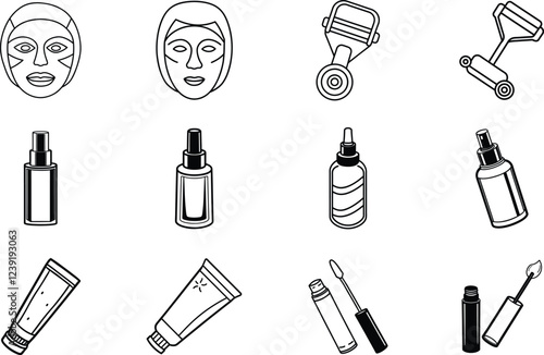 Beauty Skincare Routine Icons Face Mask, Razor, Serum, Lotion, Mascara