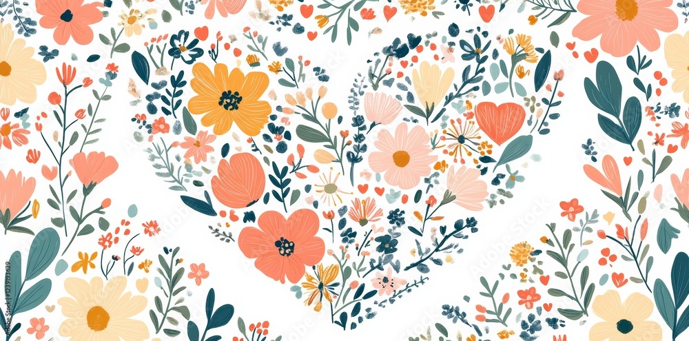 A set designed for floral celebration, complete with a seamless pattern, background, wallpaper, and greeting card, showcasing a floral heart surrounded by blossoming flowers. A set designed for floral celebration, complete with a seamless pattern, background, wallpaper, and greeting card, showcasing a floral heart surrounded by blossoming flowers.