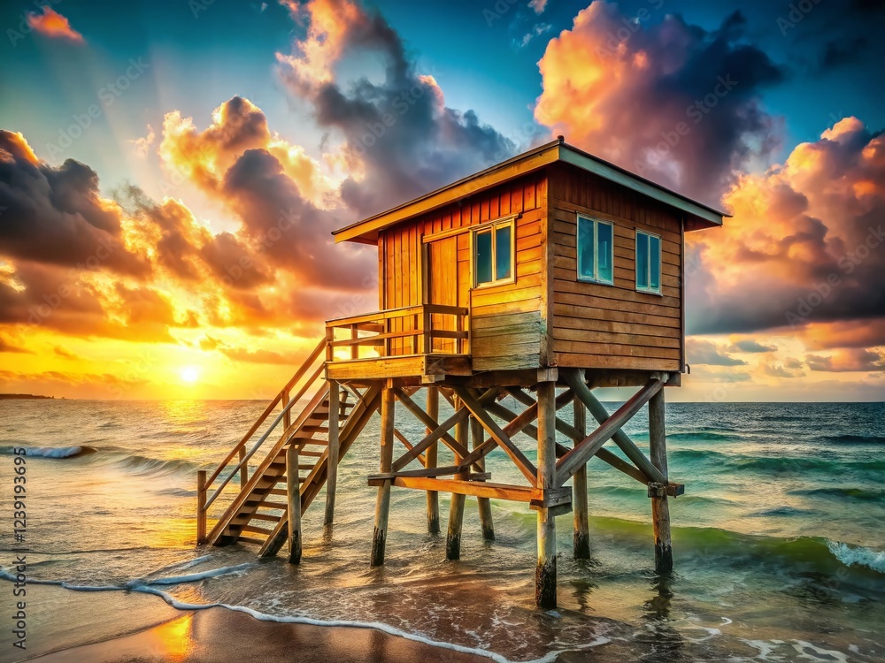Serene Coastal Escape: Wooden Beach Cabin at Sea - Stock Photo Serene Coastal Escape: Wooden Beach Cabin at Sea - Stock Photo