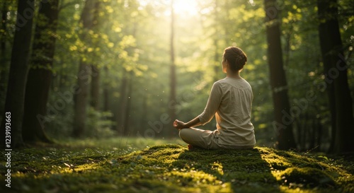 Serene Forest Meditation: A person meditates in a sun-dappled forest glade, surrounded by lush trees, embodies tranquility and inner peace