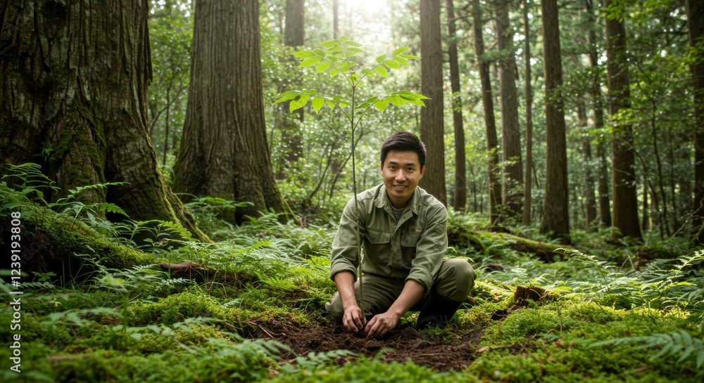 Man Planting Tree in Forest: Capturing a moment of environmental stewardship, a person plants a seedling in a sun-dappled forest. This image evokes themes of conservation, sustainability. Man Planting Tree in Forest: Capturing a moment of environmental stewardship, a person plants a seedling in a sun-dappled forest. This image evokes themes of conservation, sustainability.