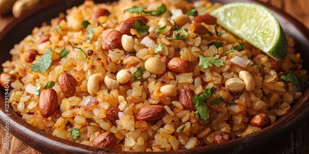 A close-up of glowing poha garnished with roasted peanuts, curry leaves, and grated coconut, served with a wedge of lime on a rustic wooden plate. The bright yellow color adds freshness and A close-up of glowing poha garnished with roasted peanuts, curry leaves, and grated coconut, served with a wedge of lime on a rustic wooden plate. The bright yellow color adds freshness and