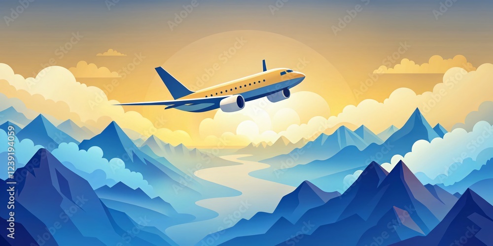 Naklejka premium Serene Flight: Geometric Airplane Soaring over Clouds and Mountains