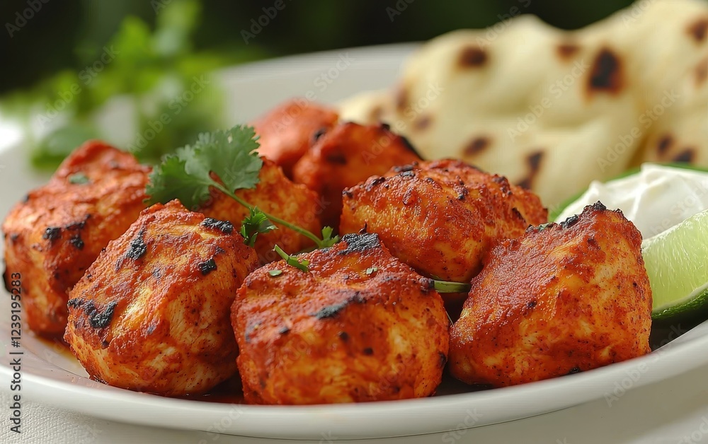A close-up of tandoori chicken glowing with a smoky red marinade, served with freshly baked naan and mint chutney. The charred edges of the chicken enhance its grilled appeal A close-up of tandoori chicken glowing with a smoky red marinade, served with freshly baked naan and mint chutney. The charred edges of the chicken enhance its grilled appeal