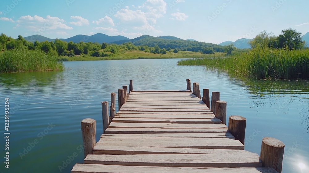 Naklejka premium Tranquil lake pier, mountains, summer. Peaceful nature scene, ideal for travel brochures