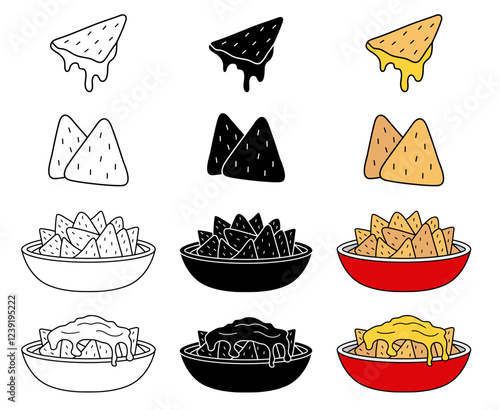 Cartoon Bowl of Nachos and Cheese, or Tortilla Chips Clipart on a Transparent Background - Outline, Silhouette and Color Variations