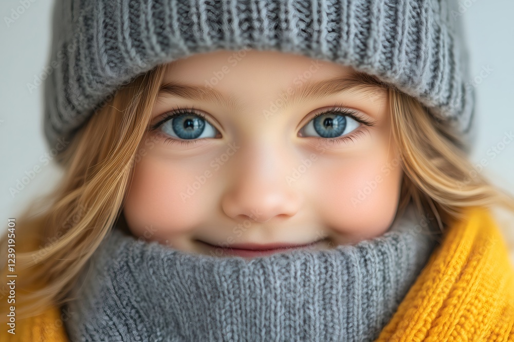 Close up portrait of cheerful child wearing wool hat and scarf, smiling and looking at camera Close up portrait of cheerful child wearing wool hat and scarf, smiling and looking at camera
