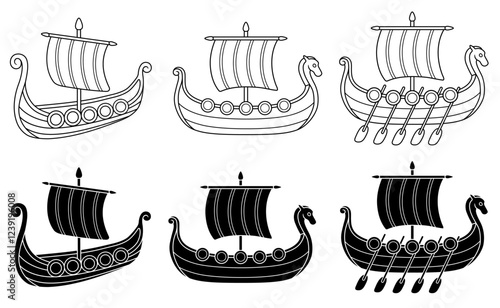 Cartoon Viking Ship or Boat Clipart on a Transparent Background - Outline and Silhouette