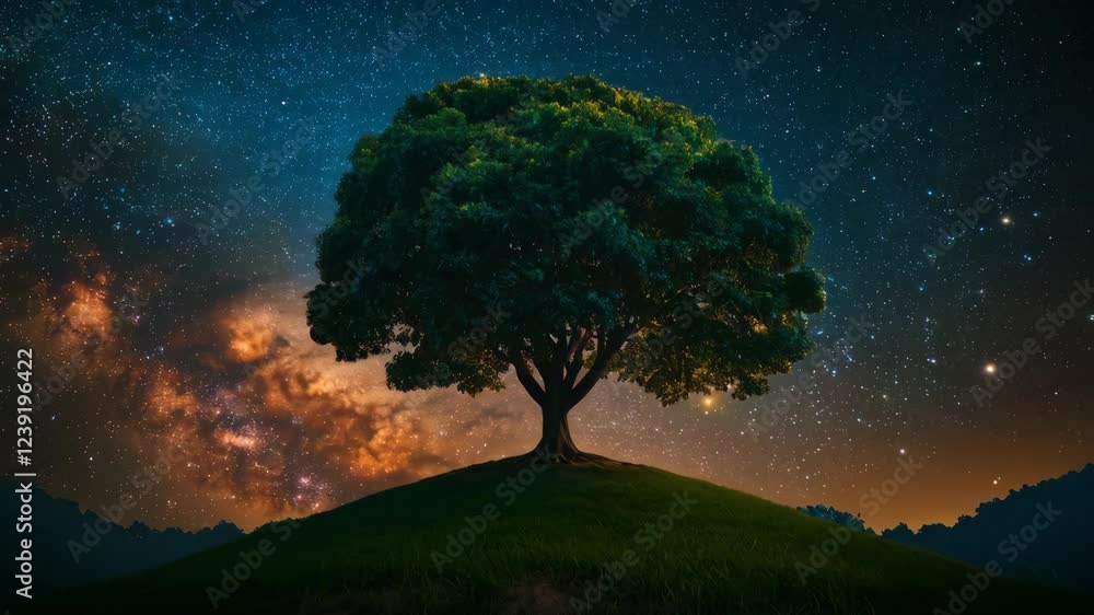 Majestic Tree Under Starry Sky with Brilliant Milky Way Display Majestic Tree Under Starry Sky with Brilliant Milky Way Display