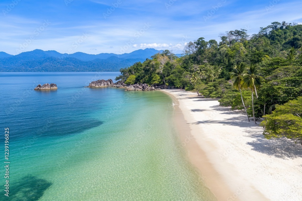 Tropical beach, clear water, island paradise, aerial view, vacation Tropical beach, clear water, island paradise, aerial view, vacation
