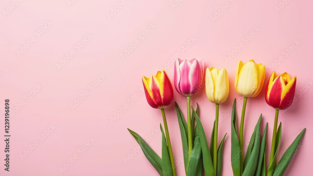Colorful tulips on pink background. Top view with copy space Colorful tulips on pink background. Top view with copy space