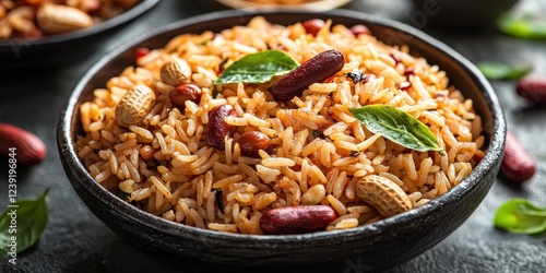 A detailed close-up of glowing puliyodarai (tamarind rice), with roasted peanuts, curry leaves, and tamarind pulp glistening on the surface. The vibrant yellow rice enhances the dish’s rich  photo