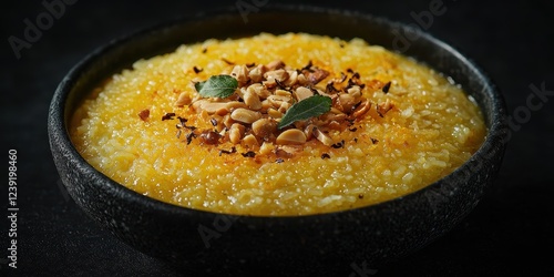 A glowing bowl of puliyodarai (tamarind rice) garnished with roasted peanuts, curry leaves, and a side of papad. The vibrant yellow of the rice highlights the tangy and spicy flavors  photo