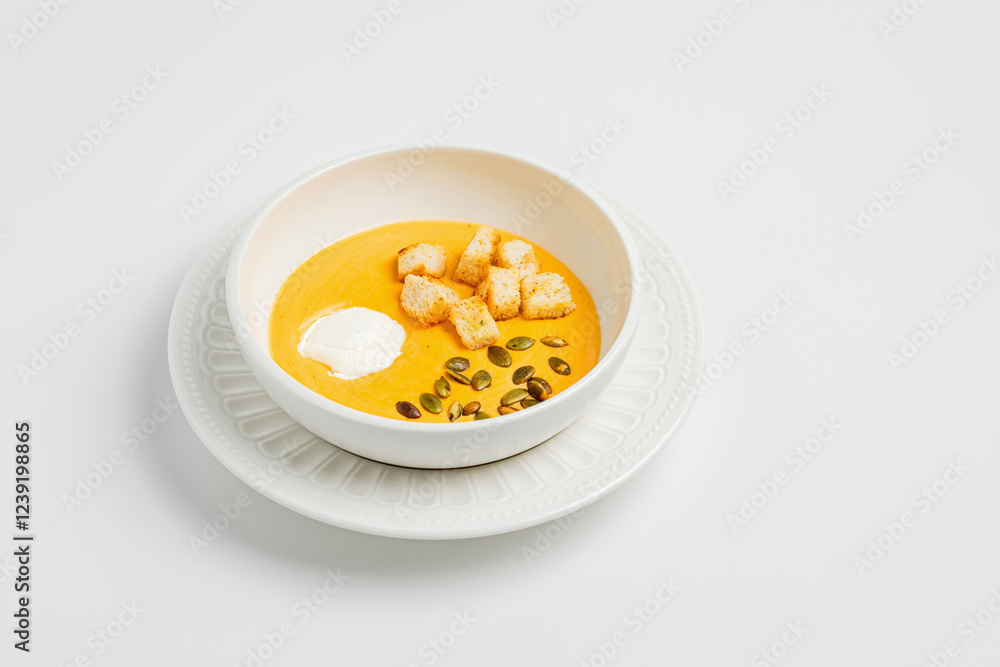 A bowl of pumpkin soup with croutons and pumpkin seeds A bowl of pumpkin soup with croutons and pumpkin seeds