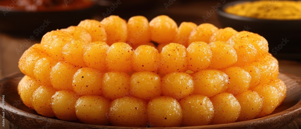 Fototapeta premium A glowing macro shot of freshly fried chakli, arranged on a rustic wooden plate, with visible specks of spices on its golden brown spirals. The crunchy texture is highlighted beautifully 