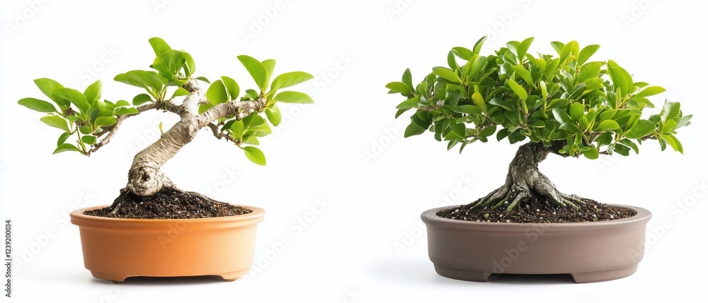 Obraz premium Two bonsai trees in pots, white background, zen