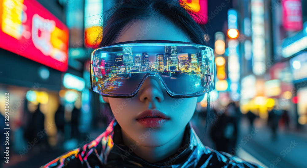 A Japanese woman experiences augmented reality glasses while surrounded by colorful neon lights in a bustling urban setting after dark A Japanese woman experiences augmented reality glasses while surrounded by colorful neon lights in a bustling urban setting after dark
