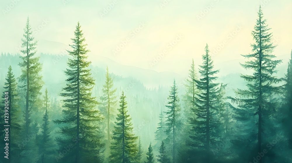 Fototapeta premium Serene Watercolor Painting Of Misty Mountain Forest
