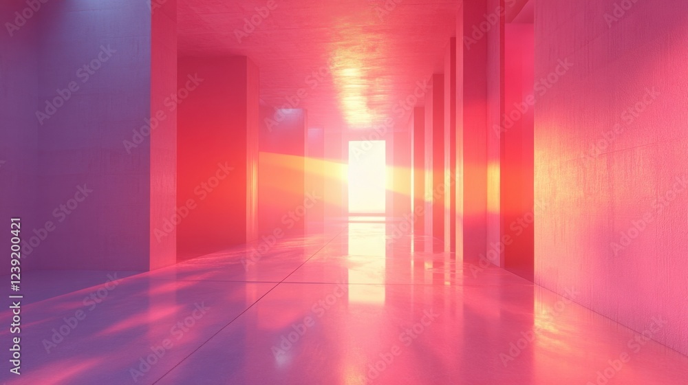 Vibrant sunset light streaming through modern architecture hallway with reflections Vibrant sunset light streaming through modern architecture hallway with reflections