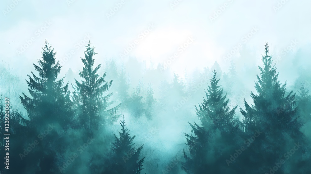 Fototapeta premium Misty Forest Scene With Tall Evergreen Trees
